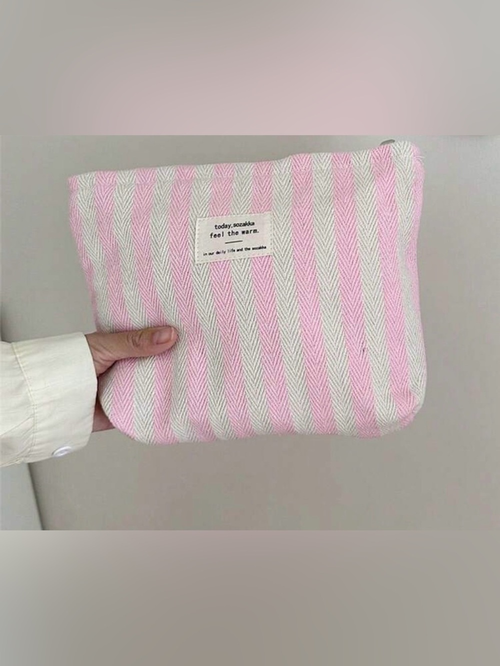 Striped Pink and White Canvas Pouch - Casual Women’s Clutch